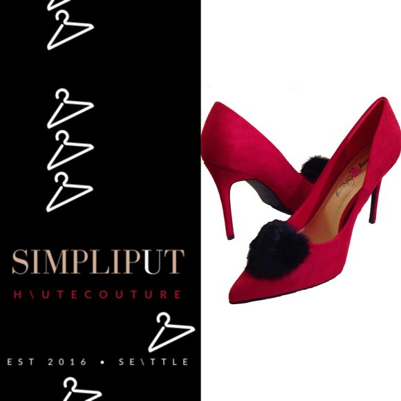 Penny Loves Kenny Manner Vegan Suede Pom Pointed Toe Pump Heels Red 11 Wide - Picture 1 of 8
